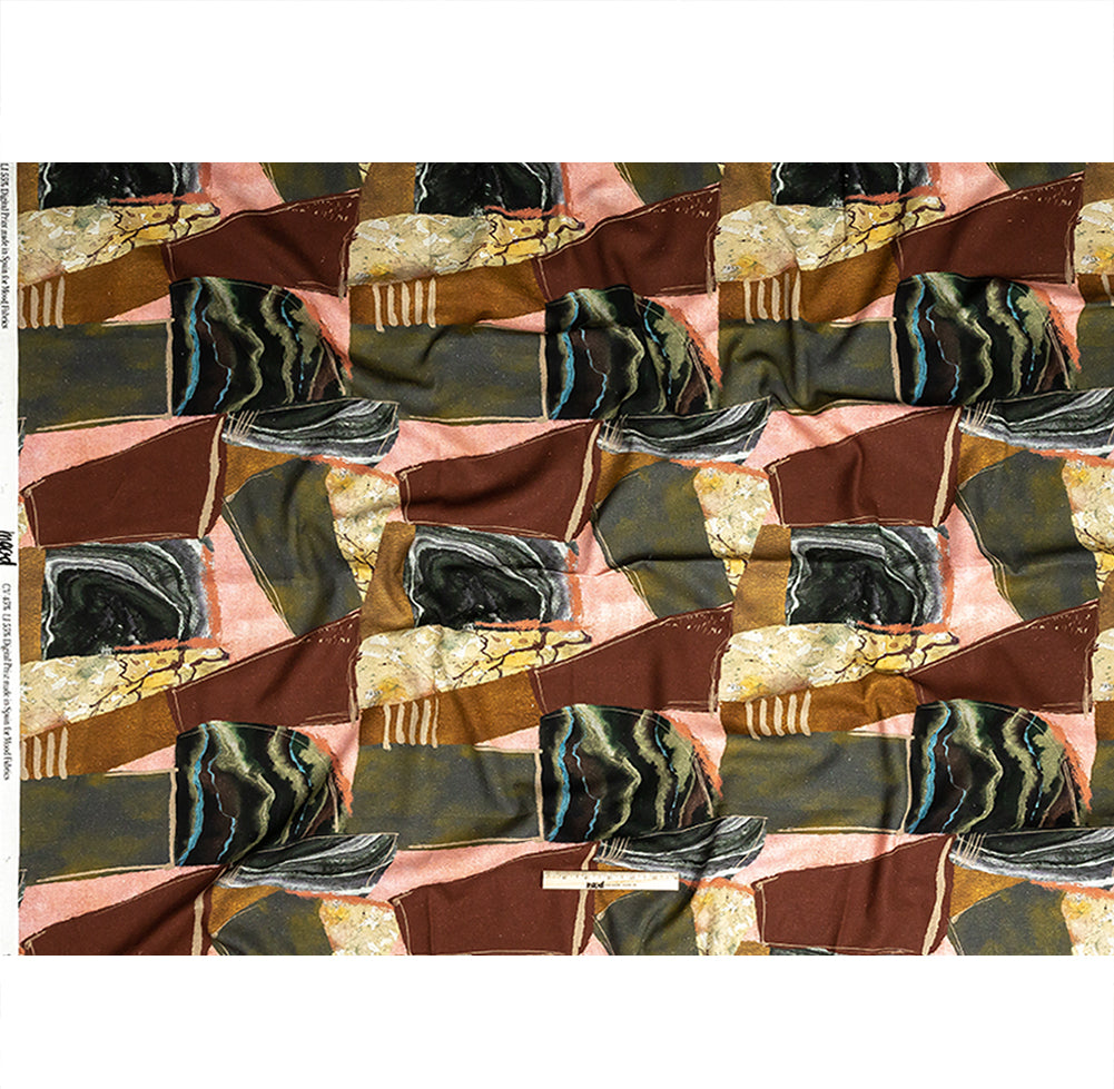 Linen and Rayon Woven - Rust, Olive and Ochre Geometric Abstract - Distorted Dimensions Print - Mood Exclusive Tumunyana Collection