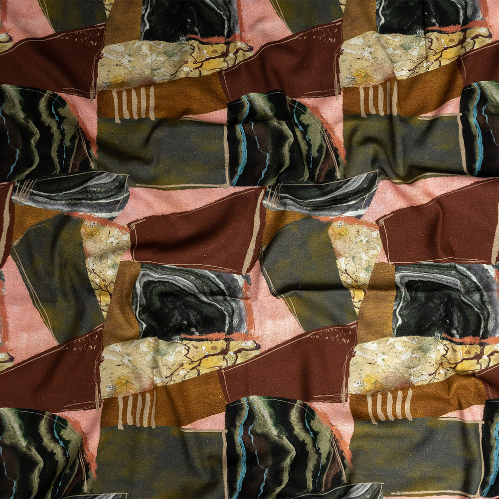 Linen and Rayon Woven - Rust, Olive and Ochre Geometric Abstract - Distorted Dimensions Print - Mood Exclusive Tumunyana Collection
