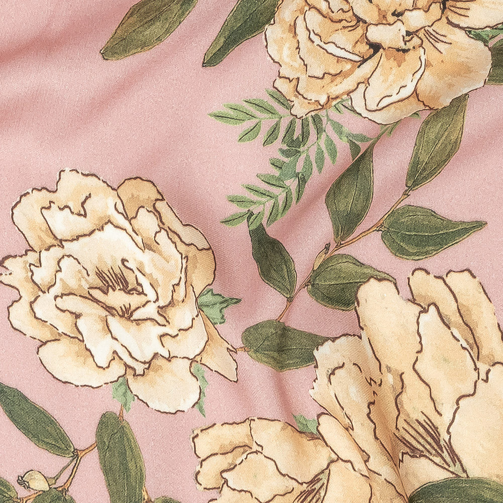 Rayon Challis - Pink and Yellow Roses - Grazie Print - Mood Exclusive Viso Collection