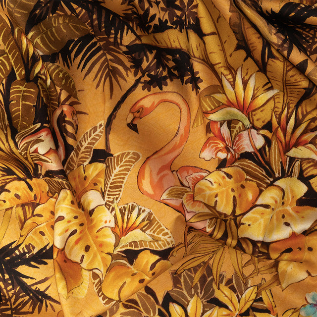 Stretch Cotton Sateen - Gold and Pink Flamingoes and Flowers - Toscana Print - Mood Exclusive Viso Collection