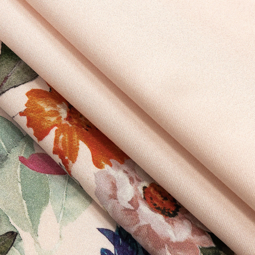 Stretch Cotton Sateen - Pink and Multicolor Floral Border - Adagio Print - Mood Exclusive Viso Collection Folded