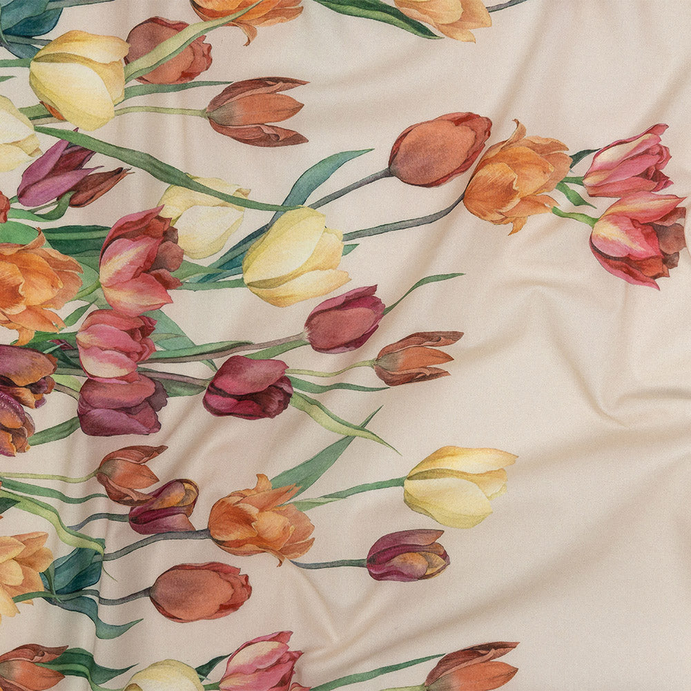 Cotton Voile - Pink, Red and Yellow Tulips Border - Camminata Print - Mood Exclusive Viso Collection