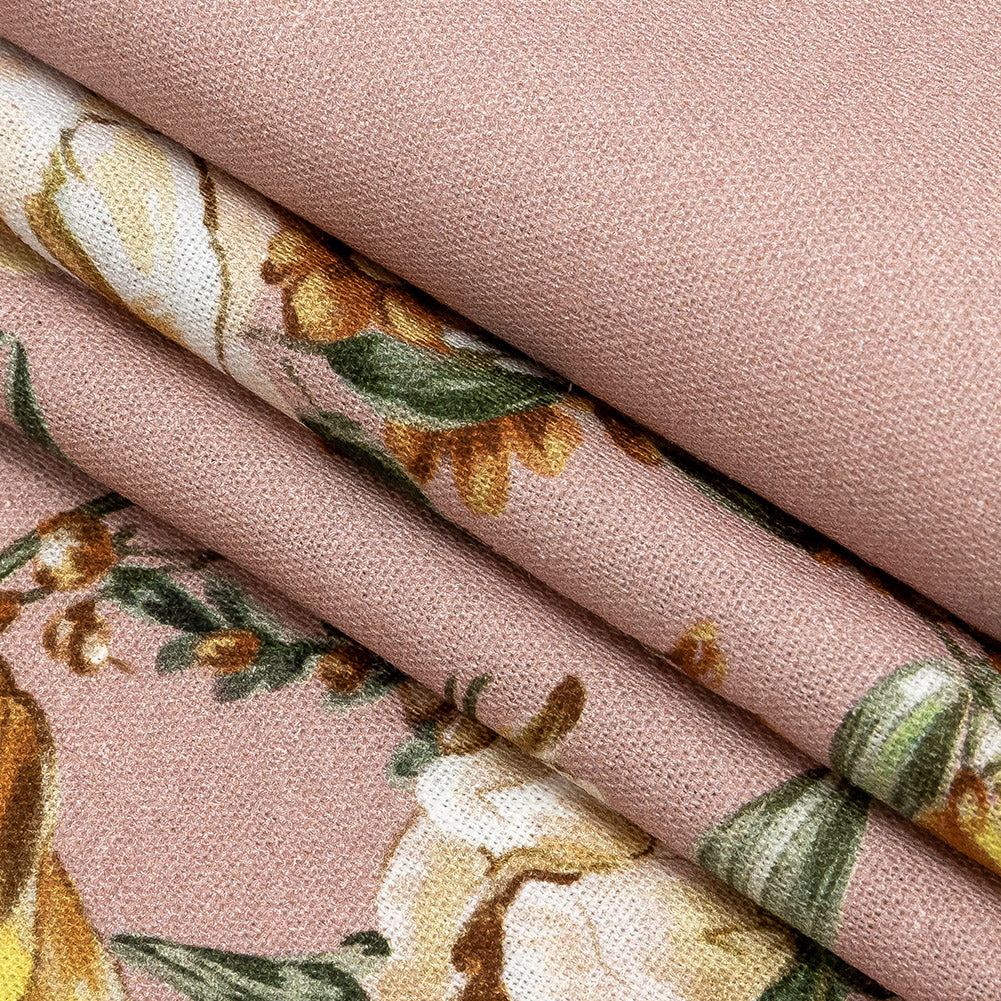 Linen and Rayon Woven - Pink, Yellow and White Rose Sprays - Bella Verona Print - Mood Exclusive Viso Collection - Folded