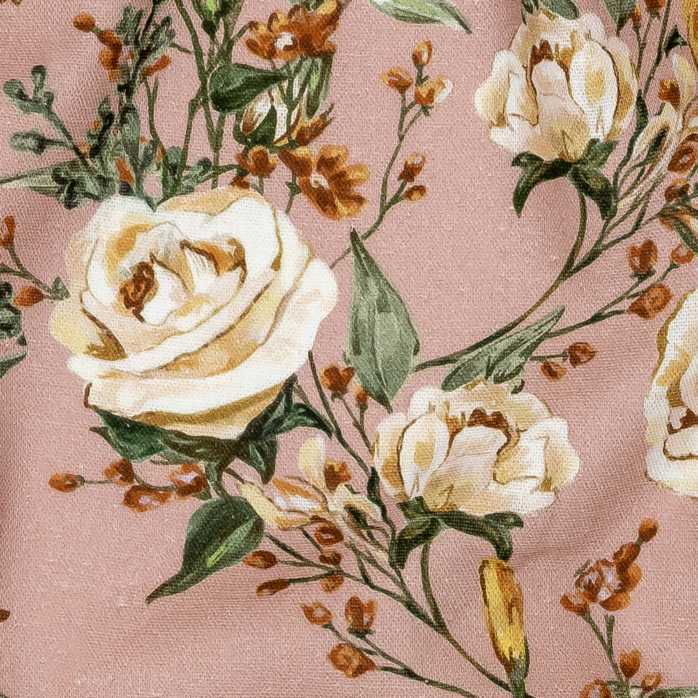 Linen and Rayon Woven - Pink, Yellow and White Rose Sprays - Bella Verona Print - Mood Exclusive Viso Collection - Detail
