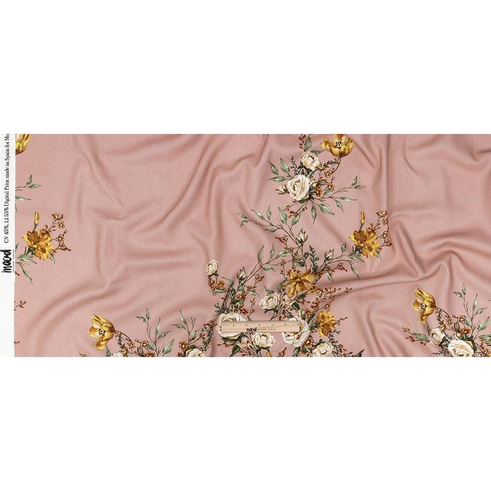 Linen and Rayon Woven - Pink, Yellow and White Rose Sprays - Bella Verona Print - Mood Exclusive Viso Collection - Full