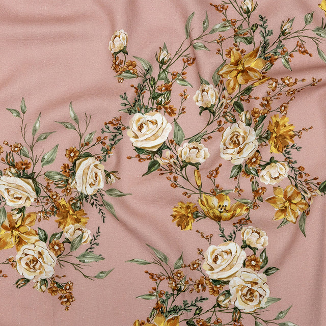 Linen and Rayon Woven - Pink, Yellow and White Rose Sprays - Bella Verona Print - Mood Exclusive Viso Collection