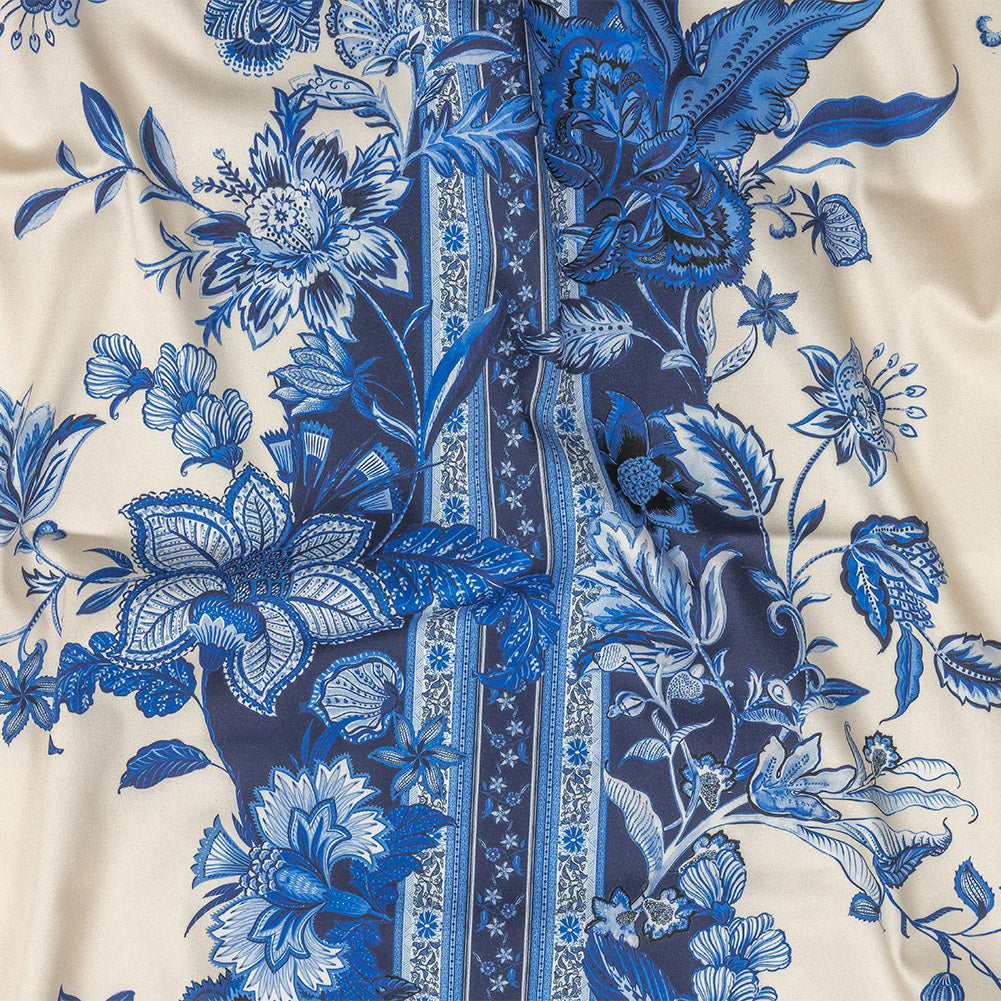 Stretch Cotton Sateen - Blue Floral Stripes - Mood Exclusive Palazzo dei Fiori Print