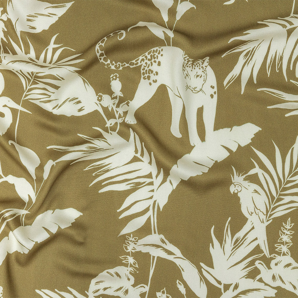 Rayon Challis - Olive Animals and Leaves - Understory Samba Print - Mo