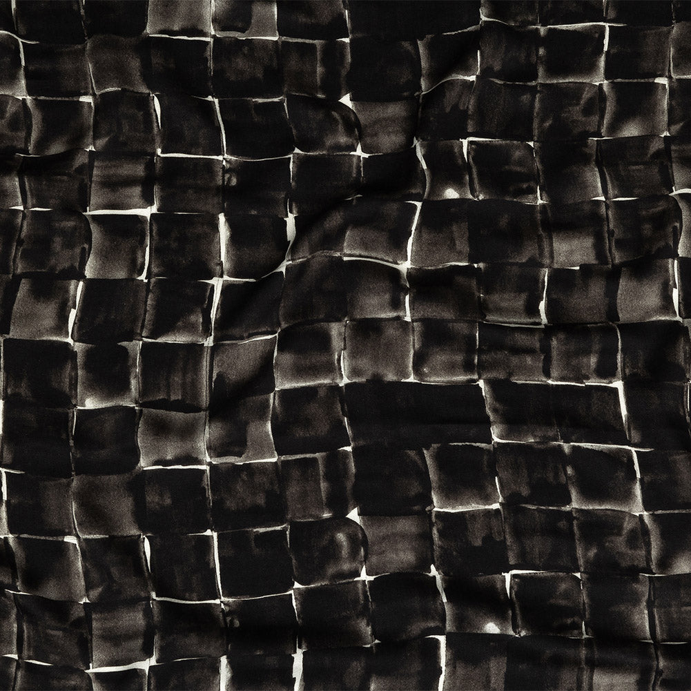 Rayon Challis - Gray Painted Squares - Haunted Blocks Print - Mood Exclusive Twilight Collection