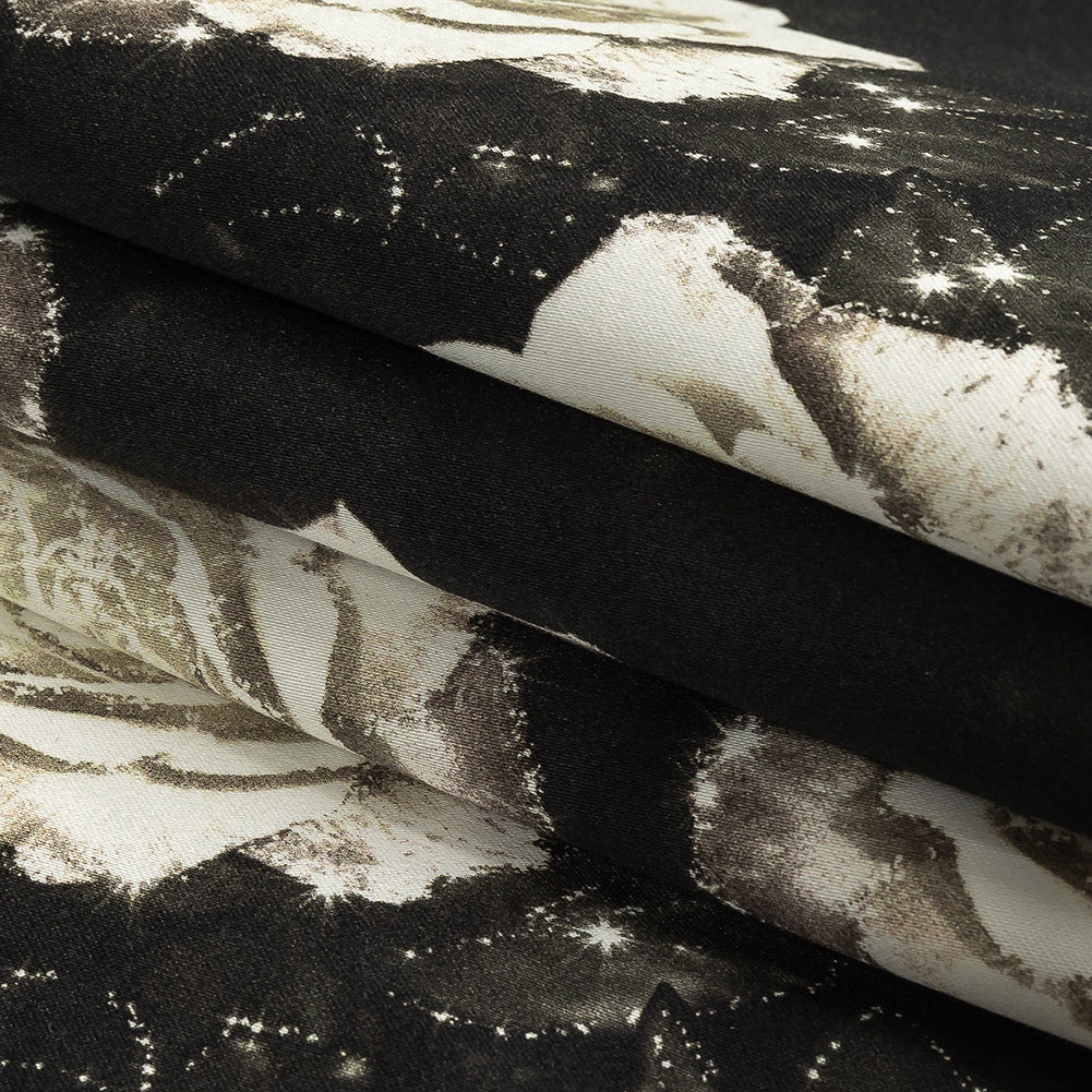 Stretch Cotton Sateen - Black and White Starry Floral - Rose Dread Print - Mood Exclusive Twilight Collection Folded