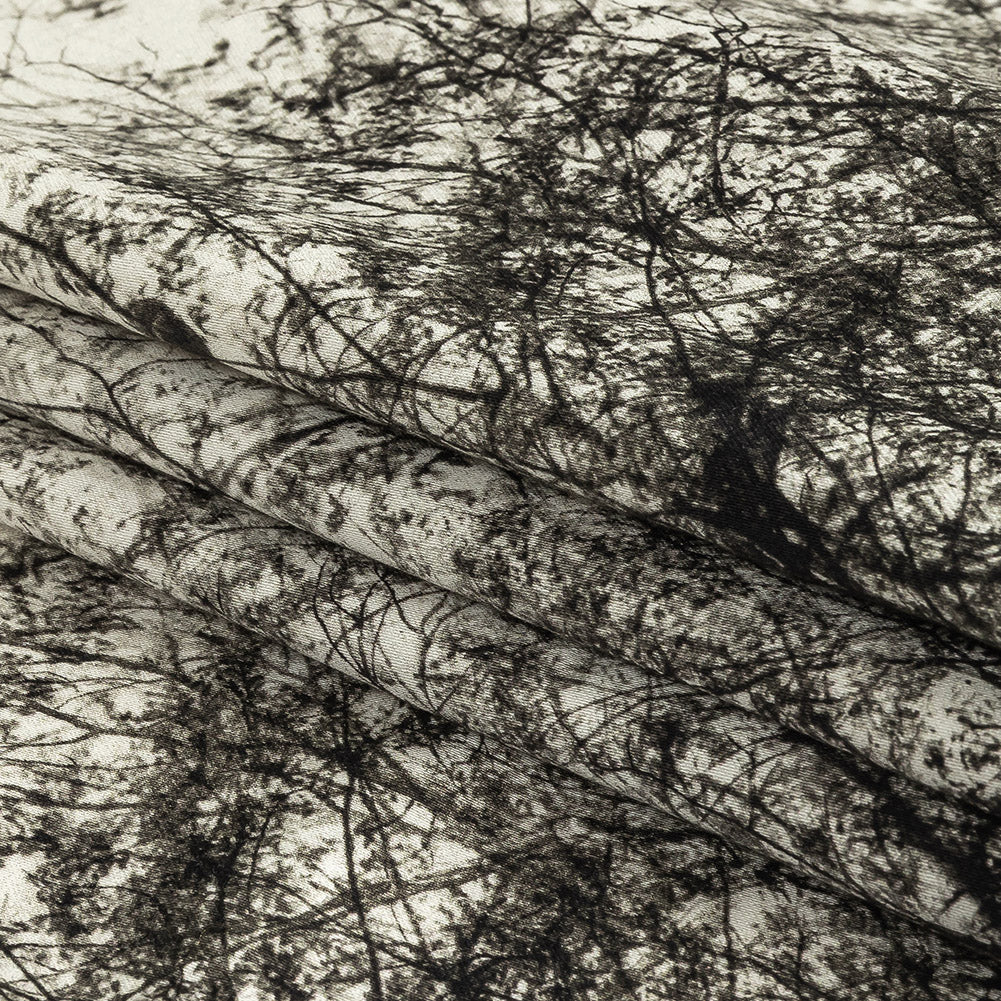 Stretch Cotton Sateen Panel - Black and White Tree Branches - Old House Woods Print - Mood Exclusive Twilight Collection Folded