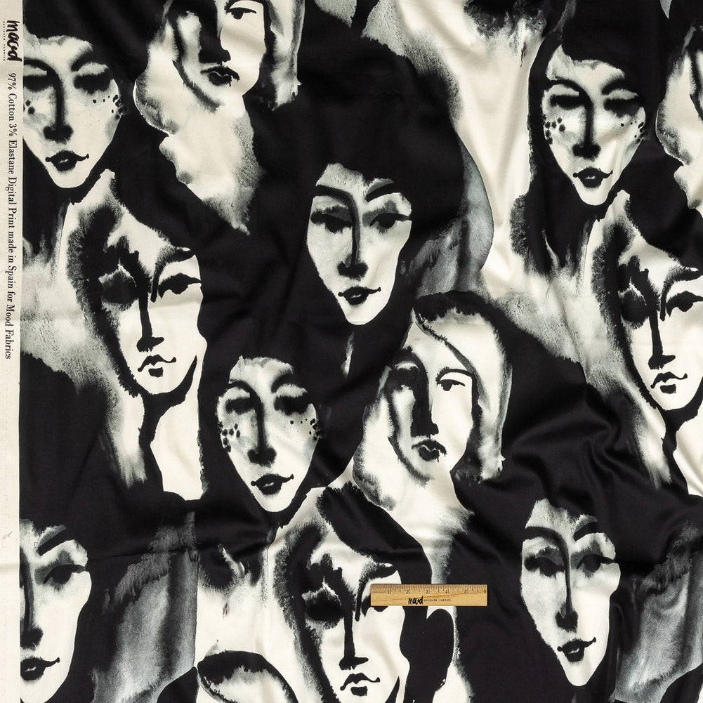 Stretch Cotton Sateen - Black and White Ghostly Faces - Unearthly Portrait Print - Mood Exclusive Twilight Collection Full