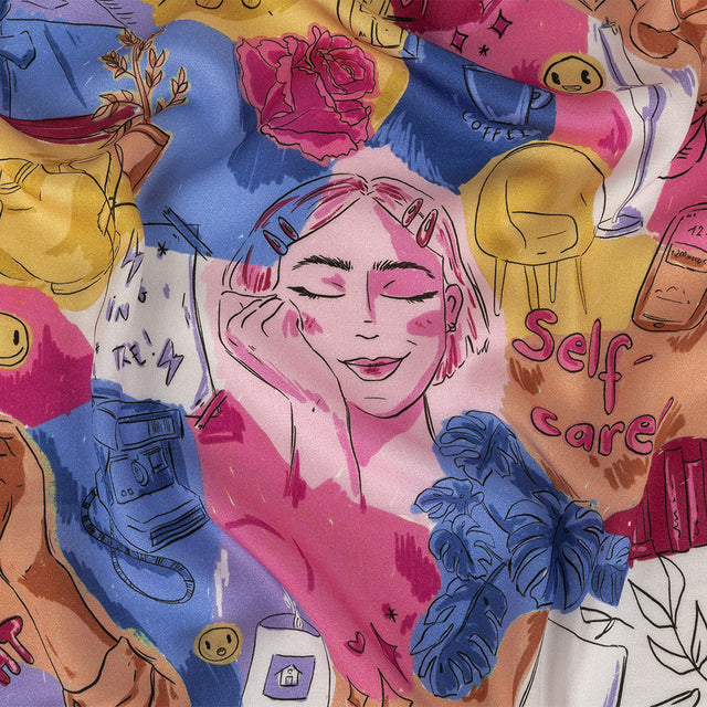 Rayon Challis - Rainbow Self Care Illustrations - Eating Bon Bons Print - Mood Exclusive Sugar Collection