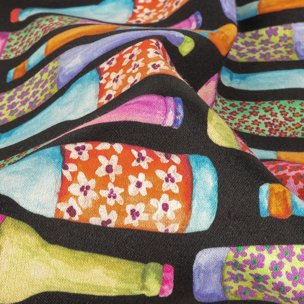 Stretch Cotton Sateen - Rainbow Bottles on Black - Pop Bottle Parade Print - Mood Exclusive Sugar Collection