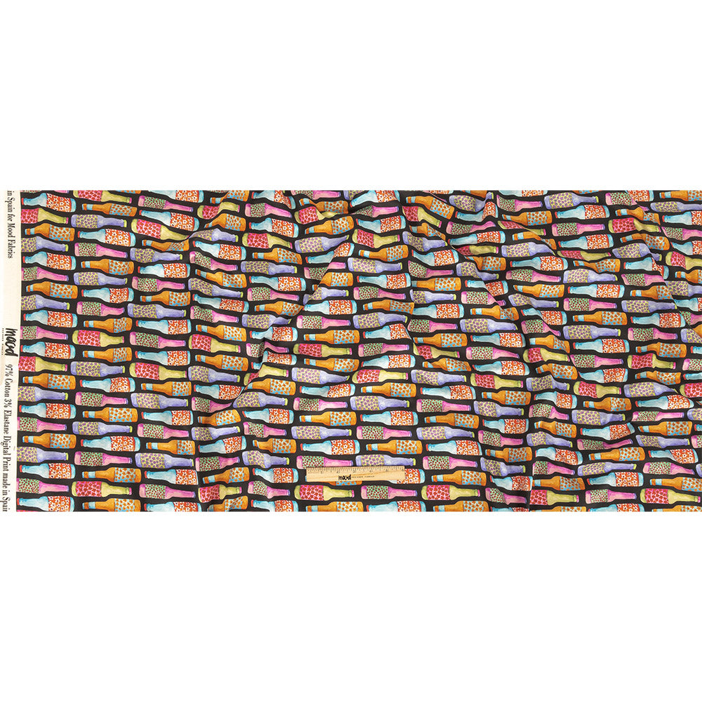 Stretch Cotton Sateen - Rainbow Bottles on Black - Pop Bottle Parade Print - Mood Exclusive Sugar Collection