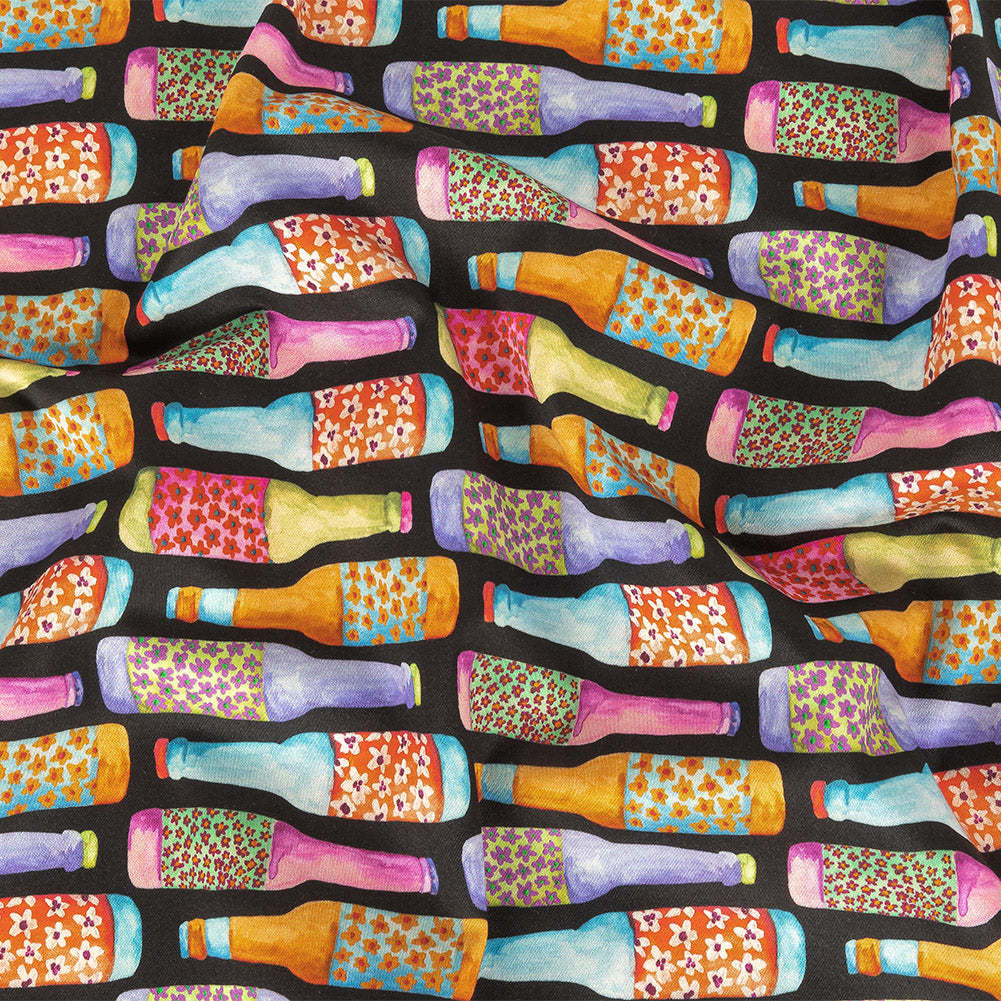 Stretch Cotton Sateen - Rainbow Bottles on Black - Pop Bottle Parade Print - Mood Exclusive Sugar Collection