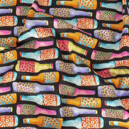 Stretch Cotton Sateen - Rainbow Bottles on Black - Pop Bottle Parade Print - Mood Exclusive Sugar Collection