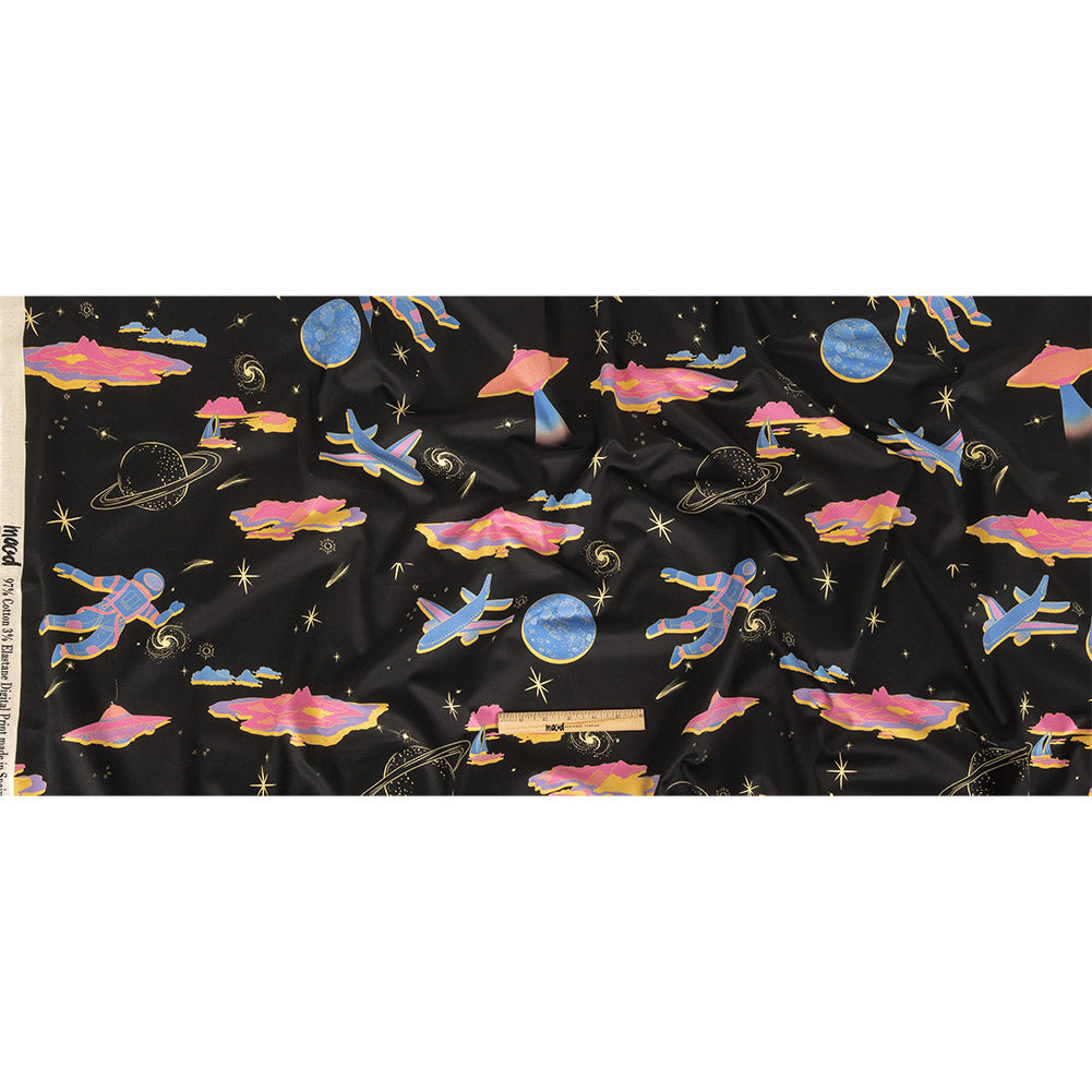 Stretch Cotton Sateen - Black, Pink and Blue Astronauts in Space - Sweet Dreams Print - Mood Exclusive Sugar Collection