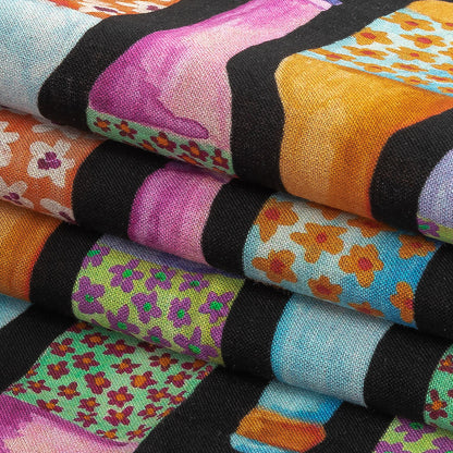 Cotton Voile - Rainbow Bottles on Black - Pop Bottle Parade Print - Mood Exclusive Sugar Collection