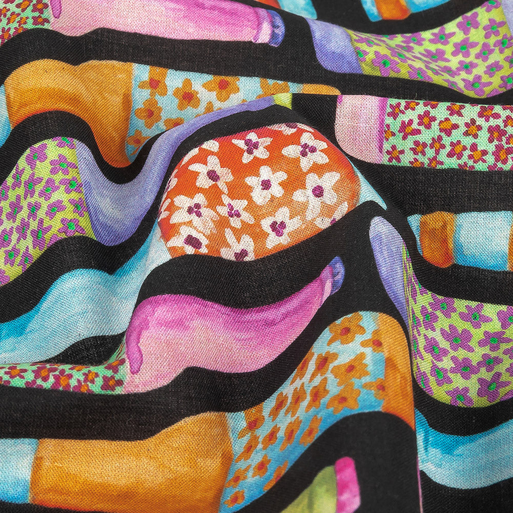 Cotton Voile - Rainbow Bottles on Black - Pop Bottle Parade Print - Mood Exclusive Sugar Collection