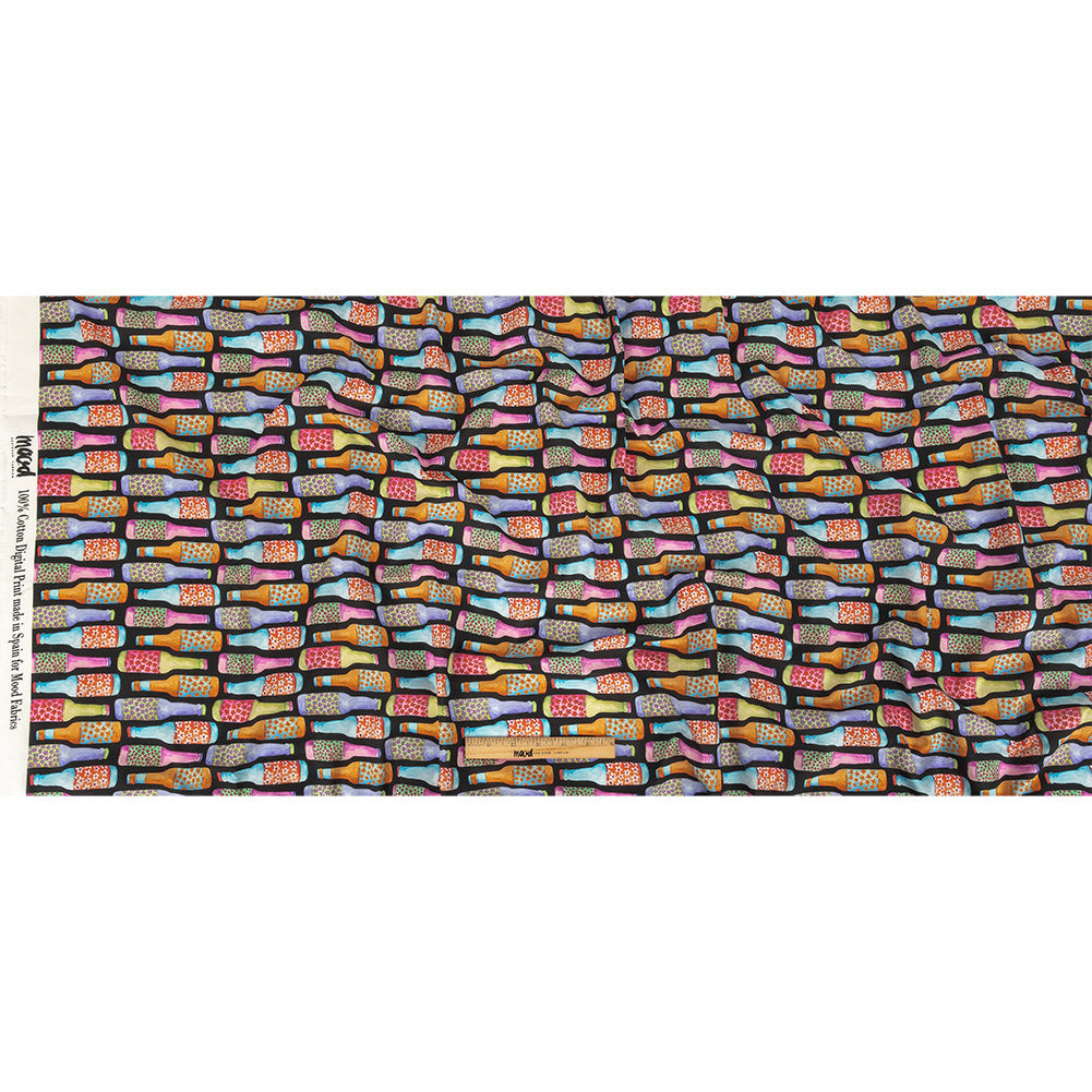 Cotton Voile - Rainbow Bottles on Black - Pop Bottle Parade Print - Mood Exclusive Sugar Collection