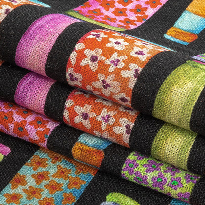 Linen and Rayon Woven - Rainbow Bottles on Black - Pop Bottle Parade Print - Mood Exclusive Sugar Collection