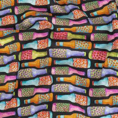 Linen and Rayon Woven - Rainbow Bottles on Black - Pop Bottle Parade Print - Mood Exclusive Sugar Collection