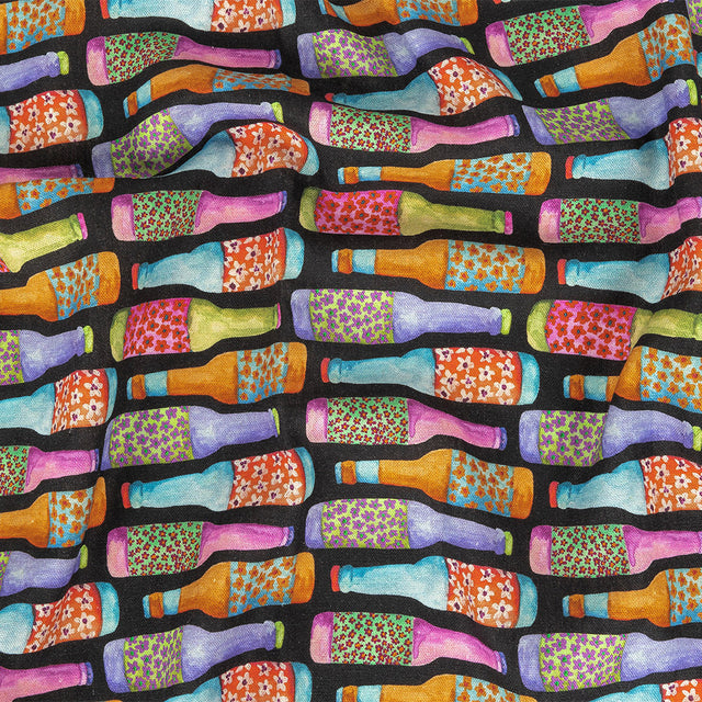 Linen and Rayon Woven - Rainbow Bottles on Black - Pop Bottle Parade Print - Mood Exclusive Sugar Collection