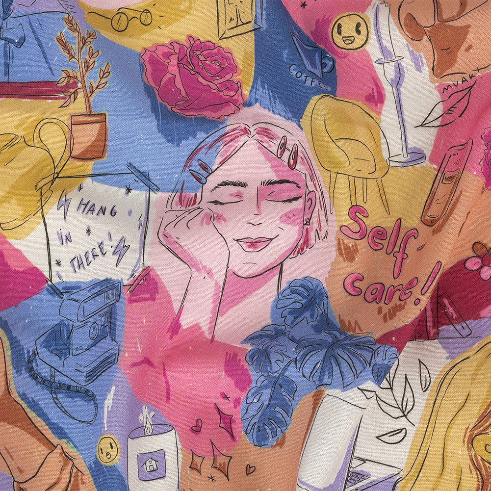 Linen and Rayon Woven - Rainbow Self Care Illustrations - Eating Bon Bons Print - Mood Exclusive Sugar Collection