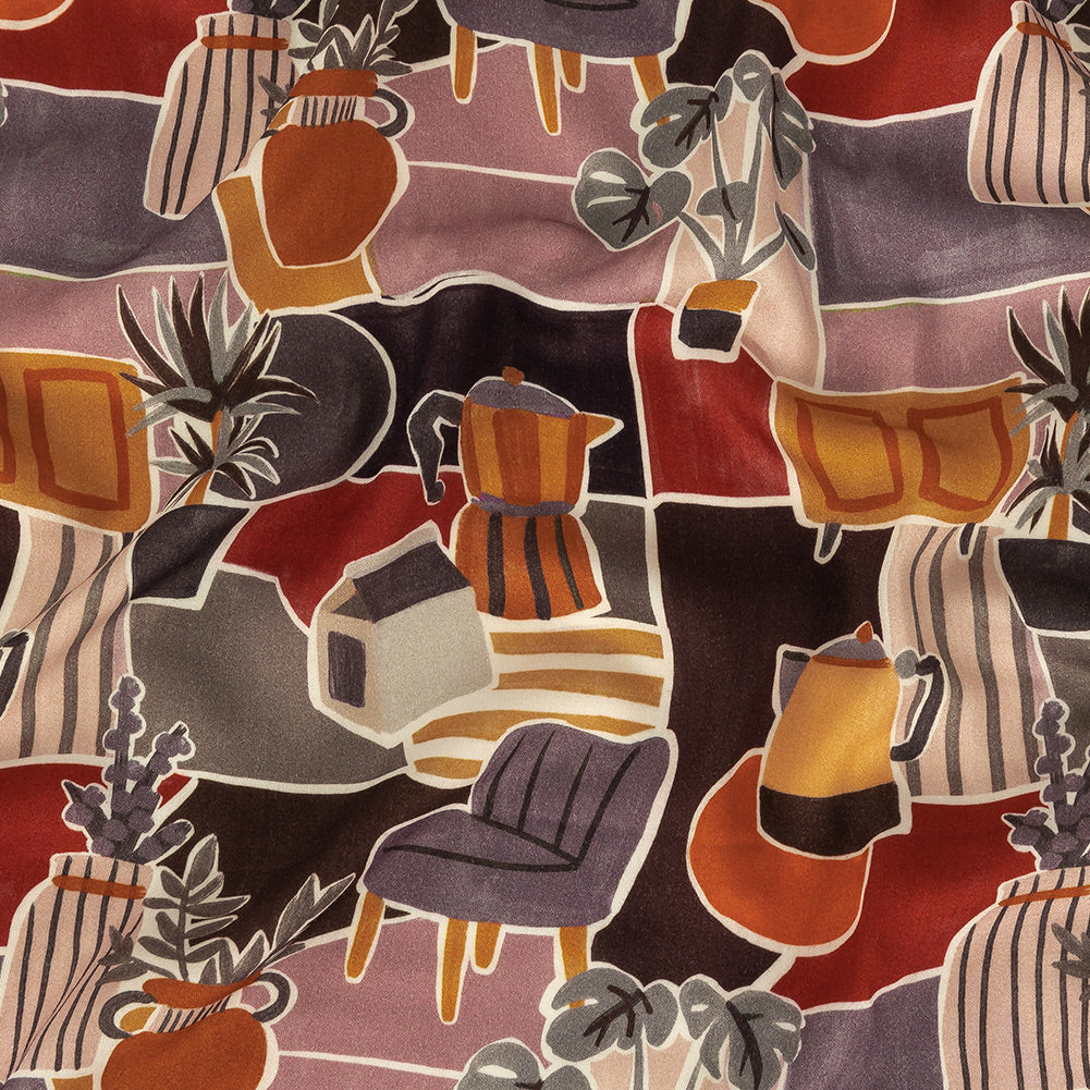 Rayon Challis - Purple and Orange Plants and Furniture - Peaceful Waking Print - Mood Exclusive Wisteria Collection