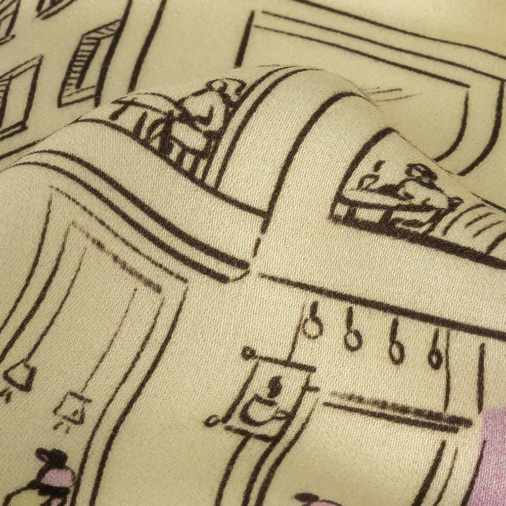 Rayon Challis - Multicolor Streetscapes and Trees - Growing Roots Print - Mood Exclusive Wisteria Collection Detail