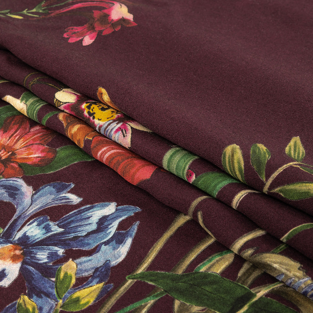 Rayon Challis - Dark Purple Floral - Wild Fantasia Print - Mood Exclusive Wisteria Collection Folded