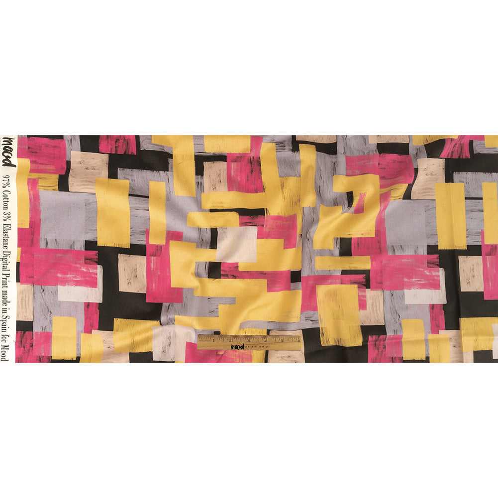Stretch Cotton Sateen - Purple, Pink and Yellow Painterly Geometric - Theory of Abstraction Print - Mood Exclusive Wisteria Collection Full