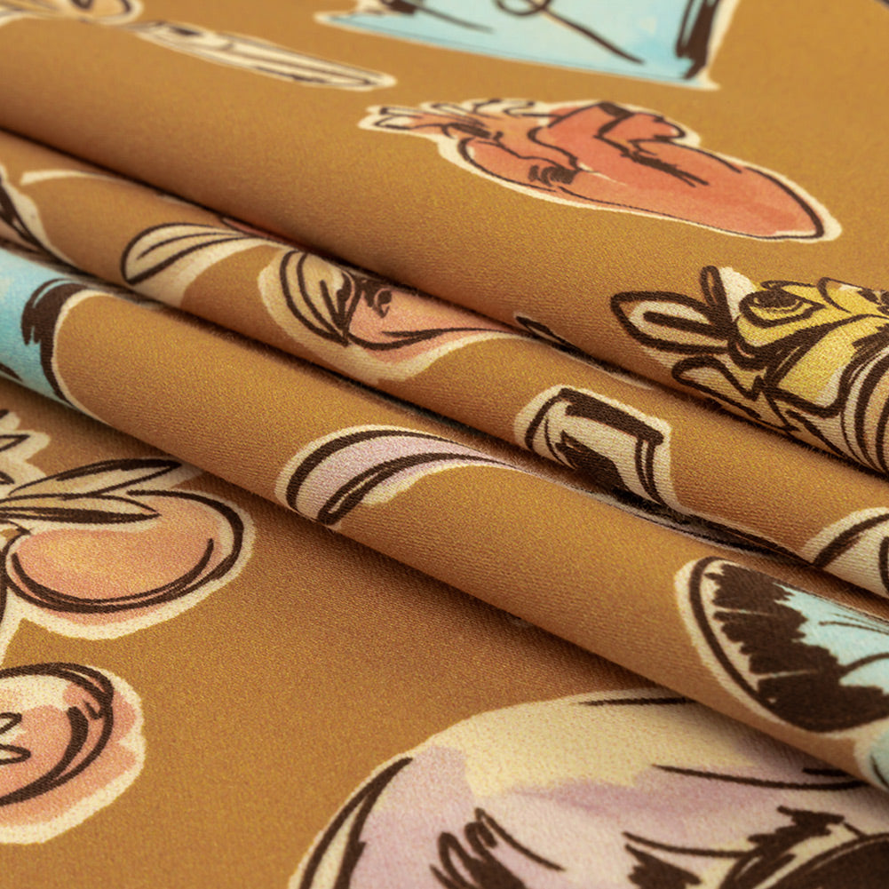 Stretch Cotton Sateen - Golden Faces and Objects - Everyday Goddess Print - Mood Exclusive Wisteria Collection Folded