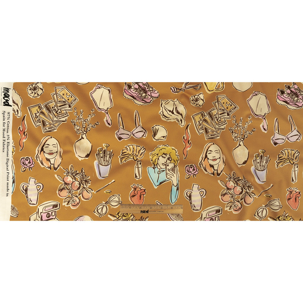 Stretch Cotton Sateen - Golden Faces and Objects - Everyday Goddess Print - Mood Exclusive Wisteria Collection Full