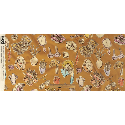 Stretch Cotton Sateen - Golden Faces and Objects - Everyday Goddess Print - Mood Exclusive Wisteria Collection Full