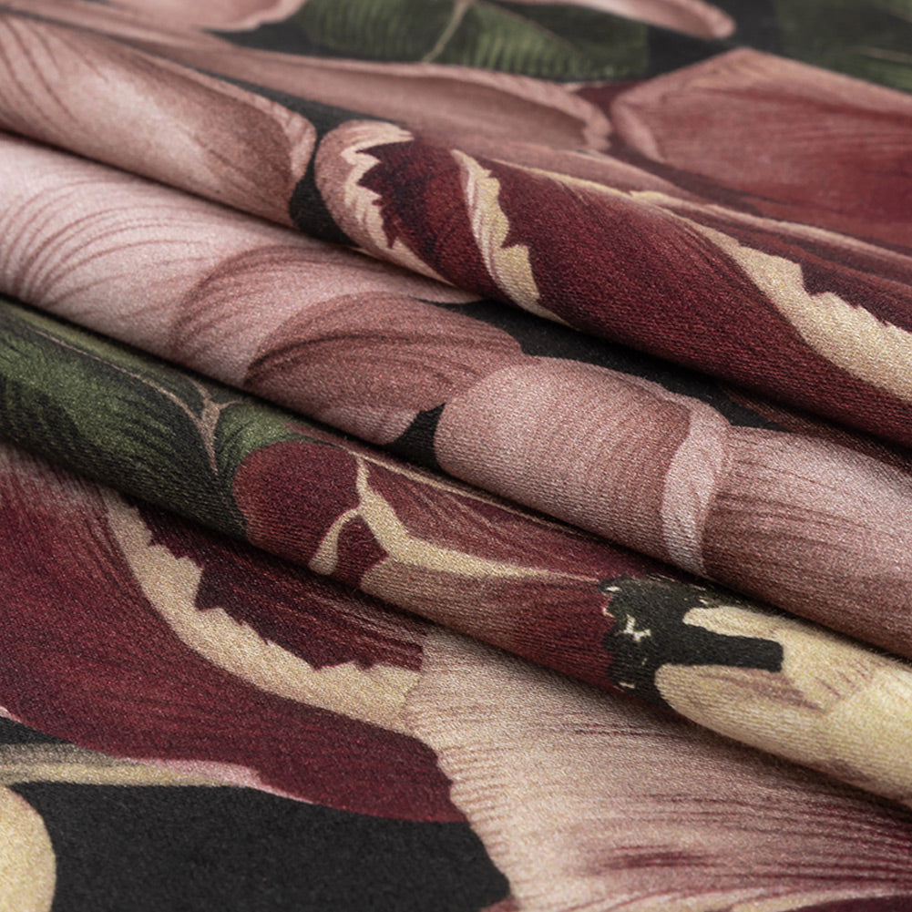 Stretch Cotton Sateen - Black and Plum Floral - Vision of Romance Print - Mood Exclusive Wisteria Collection Folded