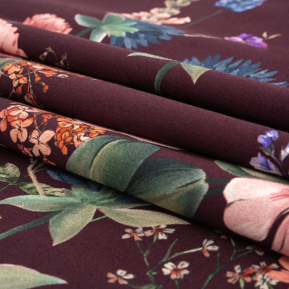 Stretch Cotton Sateen - Deep Purple Floral - Baroque Bouquet Print - Mood Exclusive Wisteria Collection Folded