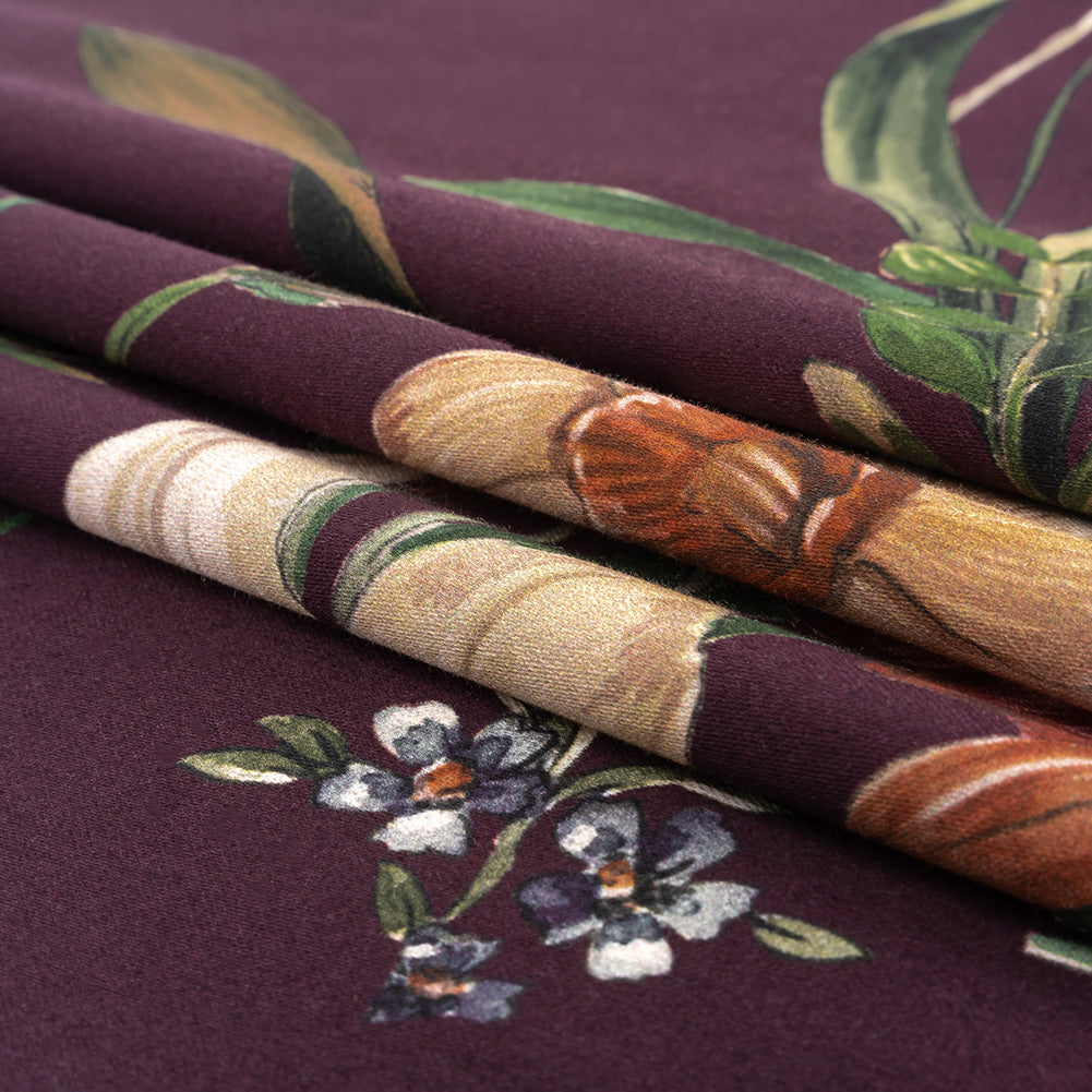 Stretch Cotton Sateen - Dark Purple Floral - Wild Fantasia Print - Mood Exclusive Wisteria Collection Folded