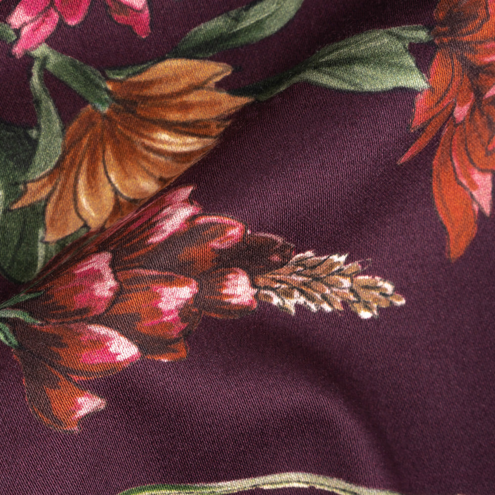 Stretch Cotton Sateen - Dark Purple Floral - Wild Fantasia Print - Mood Exclusive Wisteria Collection Detail