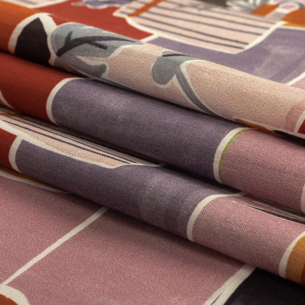 Cotton Voile - Purple and Orange Plants and Furniture - Peaceful Waking Print - Mood Exclusive Wisteria Collection Folded