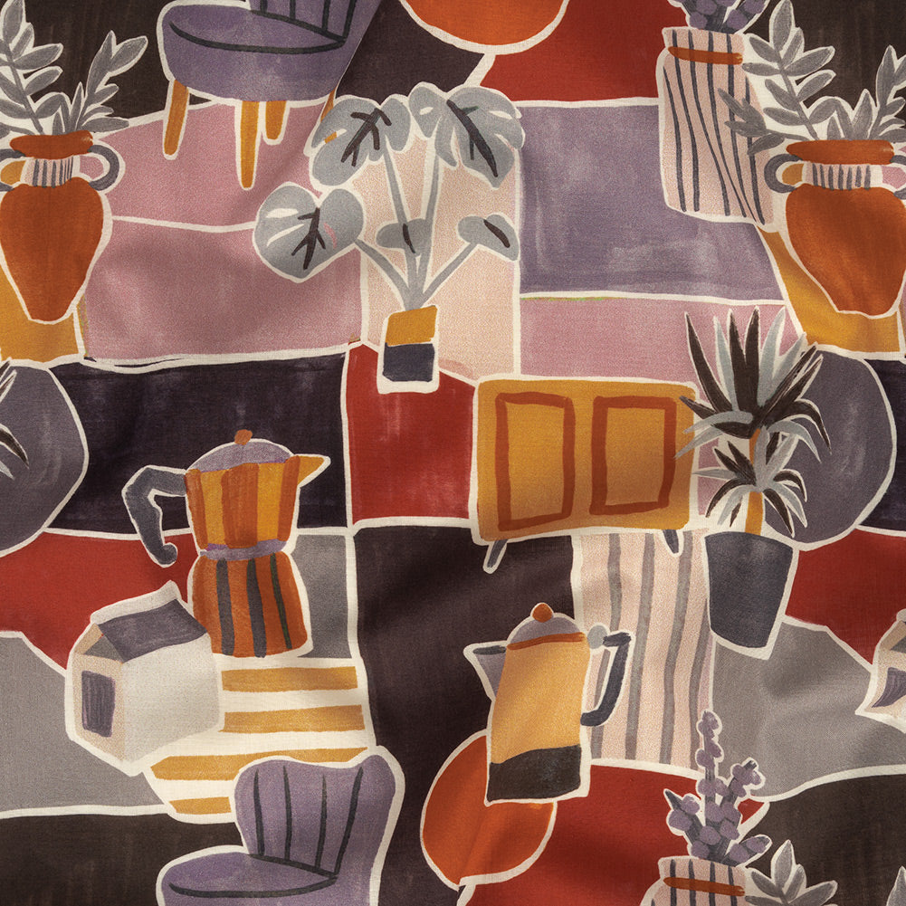 Cotton Voile - Purple and Orange Plants and Furniture - Peaceful Waking Print - Mood Exclusive Wisteria Collection