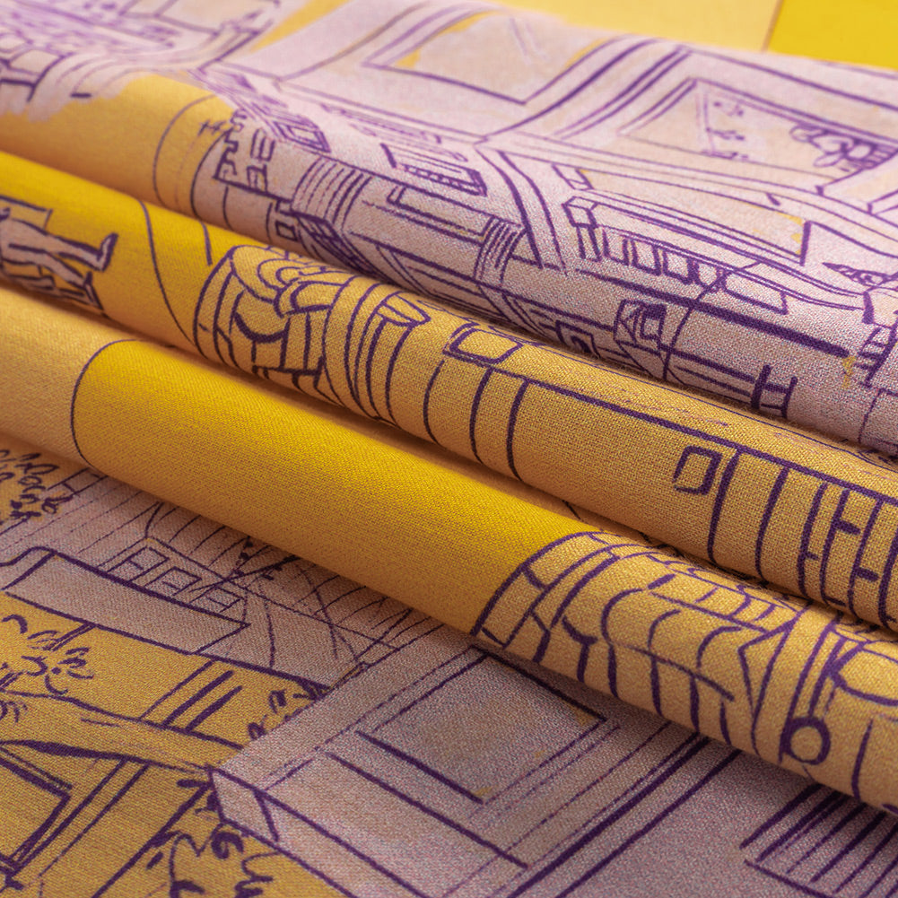 Cotton Voile - Orange and Fair Orchid Streetscapes and Trees - Growing Roots Print - Mood Exclusive Wisteria Collection Folded