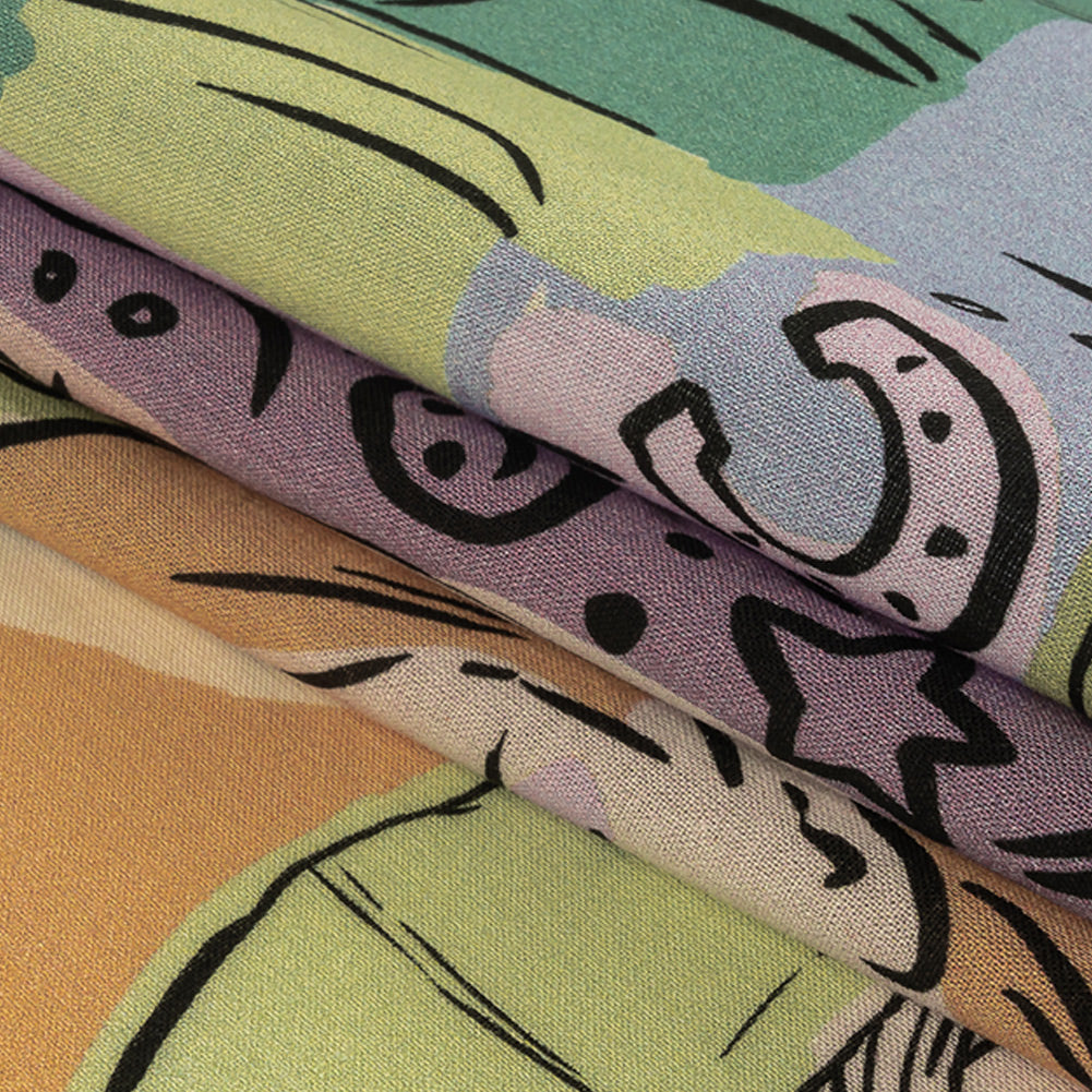 Cotton Voile - Purple and Green Figures and Doodles - Serene Souls Print - Mood Exclusive Wisteria Collection Folded