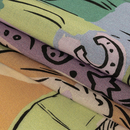 Cotton Voile - Purple and Green Figures and Doodles - Serene Souls Print - Mood Exclusive Wisteria Collection Folded
