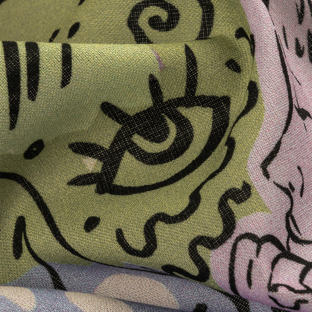 Cotton Voile - Purple and Green Figures and Doodles - Serene Souls Print - Mood Exclusive Wisteria Collection Detail