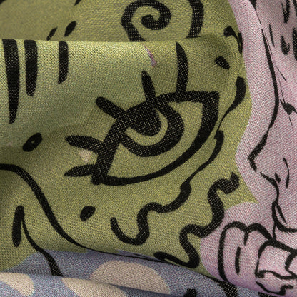 Cotton Voile - Purple and Green Figures and Doodles - Serene Souls Print - Mood Exclusive Wisteria Collection Detail