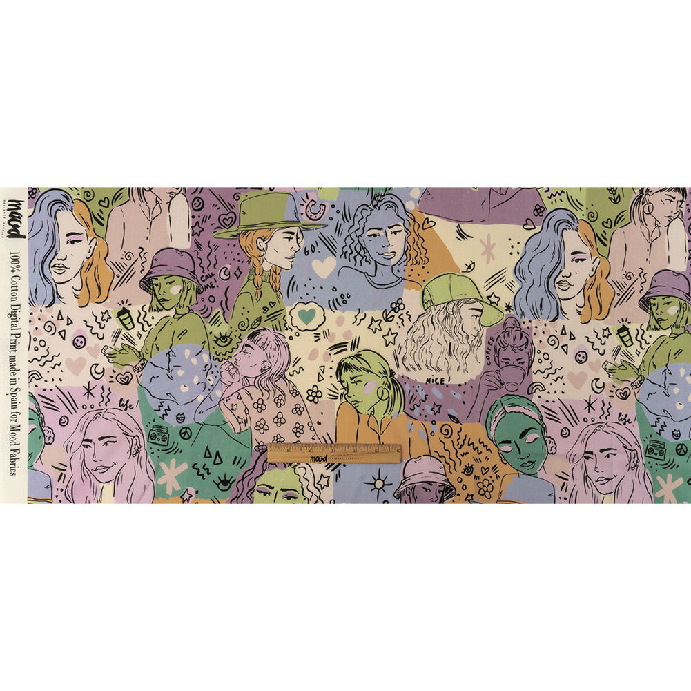 Cotton Voile - Purple and Green Figures and Doodles - Serene Souls Print - Mood Exclusive Wisteria Collection Full