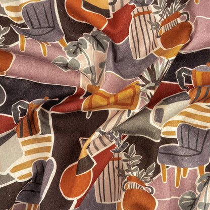 Linen and Rayon Woven - Purple and Orange Plants and Furniture - Peaceful Waking Print - Mood Exclusive Wisteria Collection