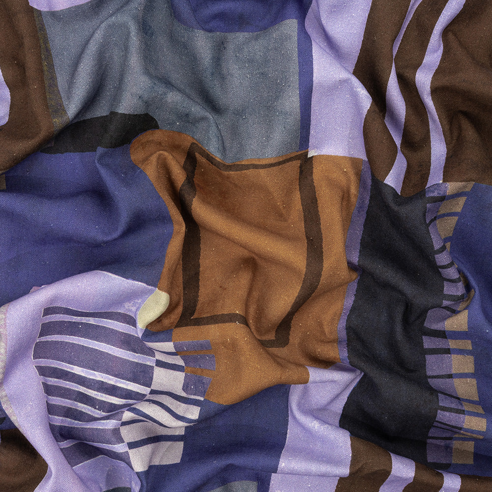Linen and Rayon Woven Panel - Purple and Brown Painterly Geometric - Around the Block Print - Mood Exclusive Wisteria Collection